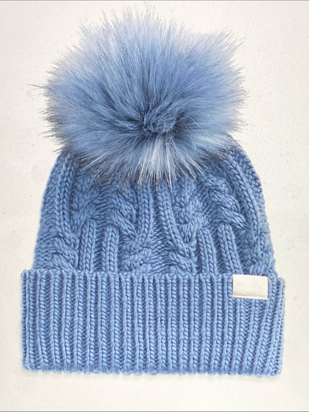 The North Face Oh Mega Fur Pom Pom Blue Cable Knit Beanie
